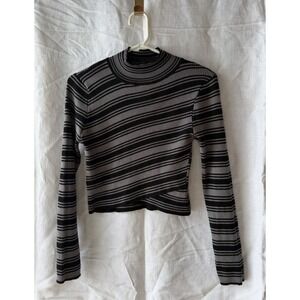 LU‎ NYC Ribbed Crop Top Womens XL Black Gray Striped Mock Neck Y2K
